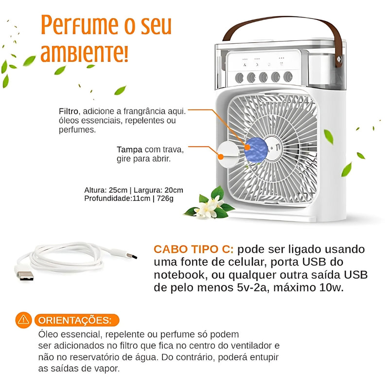 Ventilador de Nebulização, Umidificador e Sistema de Ar Condicionado Portátil