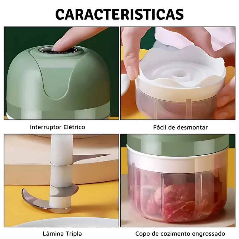 Mini Processador Elétrico de Alimentos Portátil com 3 Lâminas